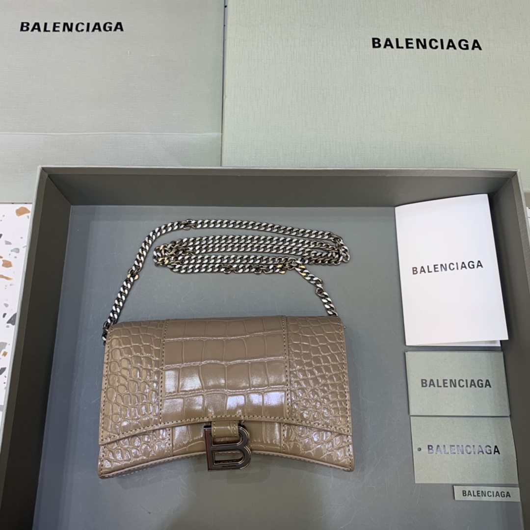 Balenciaga Small Hourglass Wallet With Chain Crocodile Embossed Shoulder Bag Khaki